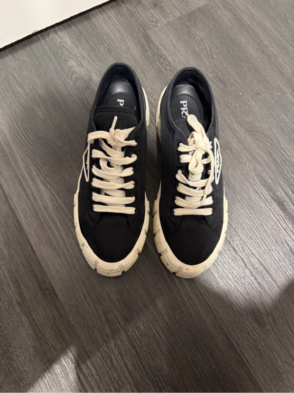 Prada Black Canvas Low-Top Sneakers with Cream Soles and Laces